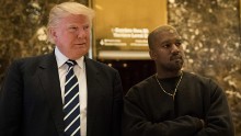 NEW YORK, NY - DECEMBER 13: (L to R) President-elect Donald Trump and Kanye West stand together in the lobby at Trump Tower, December 13, 2016 in New York City. President-elect Donald Trump and his transition team are in the process of filling cabinet and other high level positions for the new administration. 