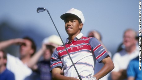 Tiger Woods hits a shot at the 1992 Los Angeles Open at the Riviera Country Club.