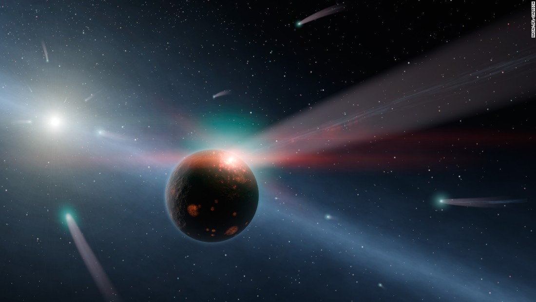 What would a storm of comets around a star look like? Hurt&#39;s illustration of &lt;a href=&quot;http://www.spitzer.caltech.edu/images/4772-ssc2011-08a-It-s-Raining-Comets&quot; target=&quot;_blank&quot;&gt;Eta Corvi&lt;/a&gt; shows how comets are torn to shreds after colliding with a rocky body.