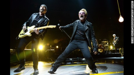 NEW YORK, NY - JULY 18:  The Edge and Bono perform onstage during U2&#39;s iNNOCENCE + eXPERIENCE tour at Madison Square Garden on July 18, 2015 in New York City.  (Photo by Kevin Mazur/WireImage)