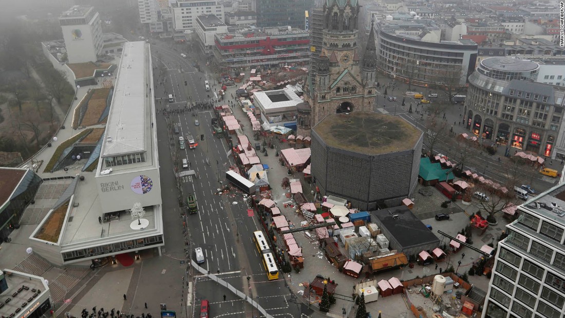 An overview of the crash site on December 20 shows where the tractor-trailer drove over the sidewalk and into market stalls near the Kaiser Wilhelm Memorial Church.