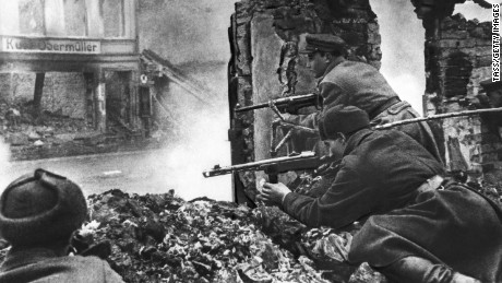 Russian soldiers fight to take control of Kaliningrad from German troops during World War II.