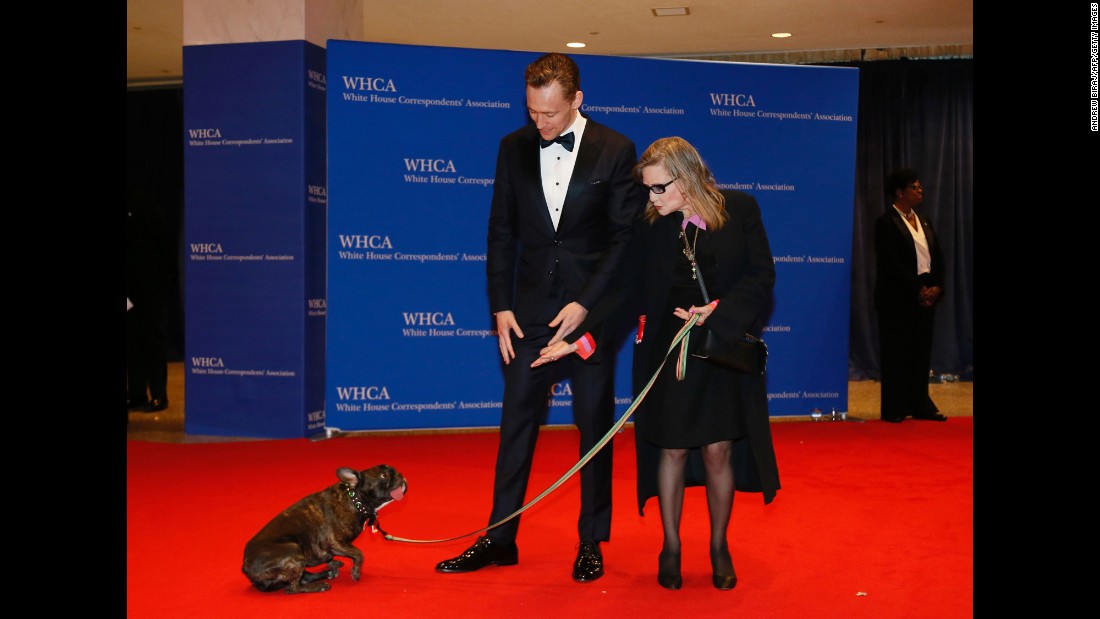 Tom Hiddleston looks on as Fisher and her dog, Gary, arrive for the 102nd White House Correspondents&#39; Association dinner in Washington on April 30, 2016.