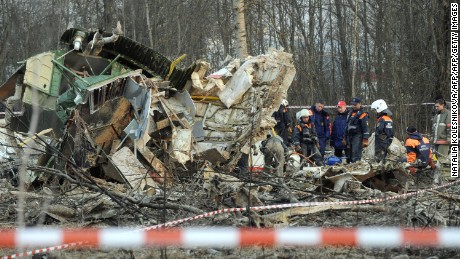 Russian rescuers inspect the wreckage of a Polish government Tupolev Tu-154 aircraft which crashed in April 2010.