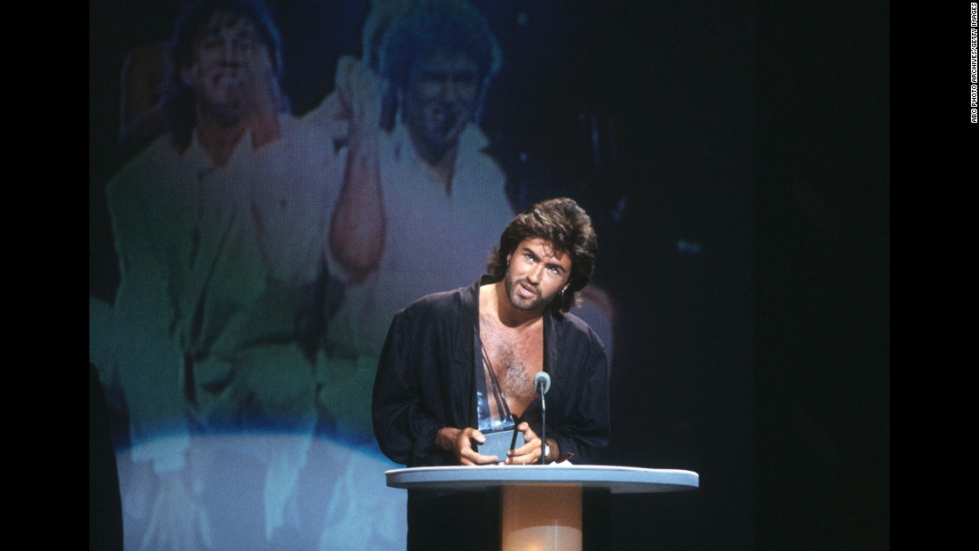 Michael accepts Wham!&#39;s award for favorite pop/rock band group at the American Music Awards in January 1986.