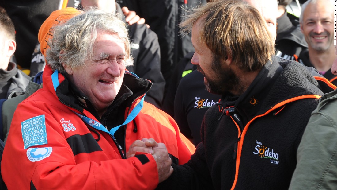 Coville was congratulated by veteran French skipper Olivier de Kersauson (left) who was a pioneer in multihull racing and twice held the Jules Verne Trophy for setting the fastest time around the world in sailboats of any kind with unrestricted crew size.