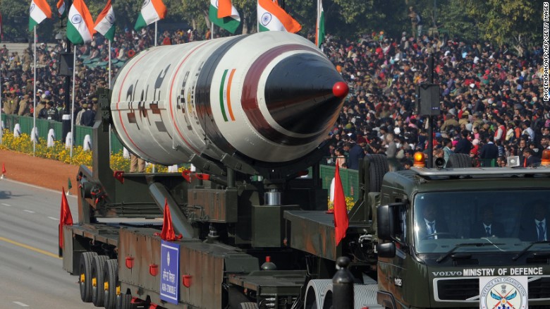 An Indian Agni V missile is displayed during the Republic Day parade in New Delhi on January 26, 2013. 