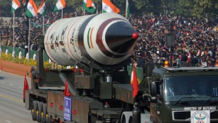 An Indian Agni V missile is displayed during the Republic Day parade in New Delhi on January 26, 2013.  