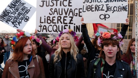 Women&#39;s rights advocates marched for Jacqueline Sauvage&#39;s release at a rally in Paris in December.