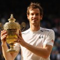 andy murray holds the wimbledon trophy