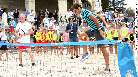 Federer teamed up with West Australian Premier Colin Barnett in a game of beach tennis.