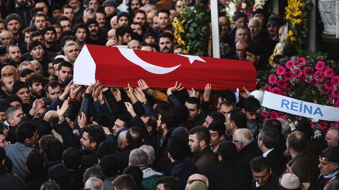People carry the coffin of Yunus Gormek, a victim of the attack, during a funeral ceremony in Istanbul on January 2.
