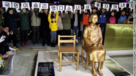 Protesters and a statue of a girl symbolising Korean &quot;comfort women&quot;  in front of the Japanese consulate-general in Busan, South Korea, on December 31, 2016.