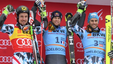Winner Alexis Pinturault is flanked by Marcel Hirscher (left) and third-placed Philipp Schoerghofer on the Adelboden podium.
