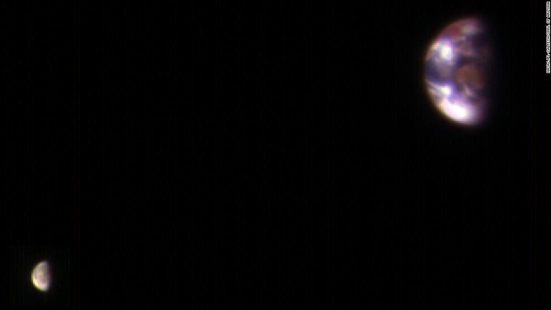 This is what Earth and its moon look like from Mars. The image is a composite of the best Earth image and the best moon image taken on November 20, 2016, by NASA&#39;s Mars Reconnaissance Orbiter. The orbiter&#39;s camera takes images in three wavelength bands: infrared, red and blue-green. Mars was about 127 million miles from Earth when the images were taken.