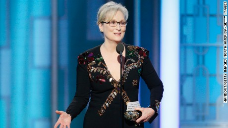 Meryl Streep accepting the Cecil B. DeMille Award during the 74th Annual Golden Globe Awards in 2017. 