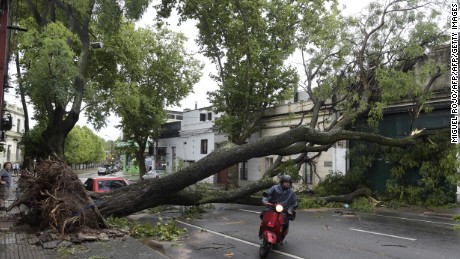 TOPSHOT - A severe thunderstorm with winds of more than 100 km an hour wreaked havoc in Montevideo on January 3, 2017, knocking down trees and damaging homes.  / AFP / MIGUEL ROJO        (Photo credit should read MIGUEL ROJO/AFP/Getty Images)