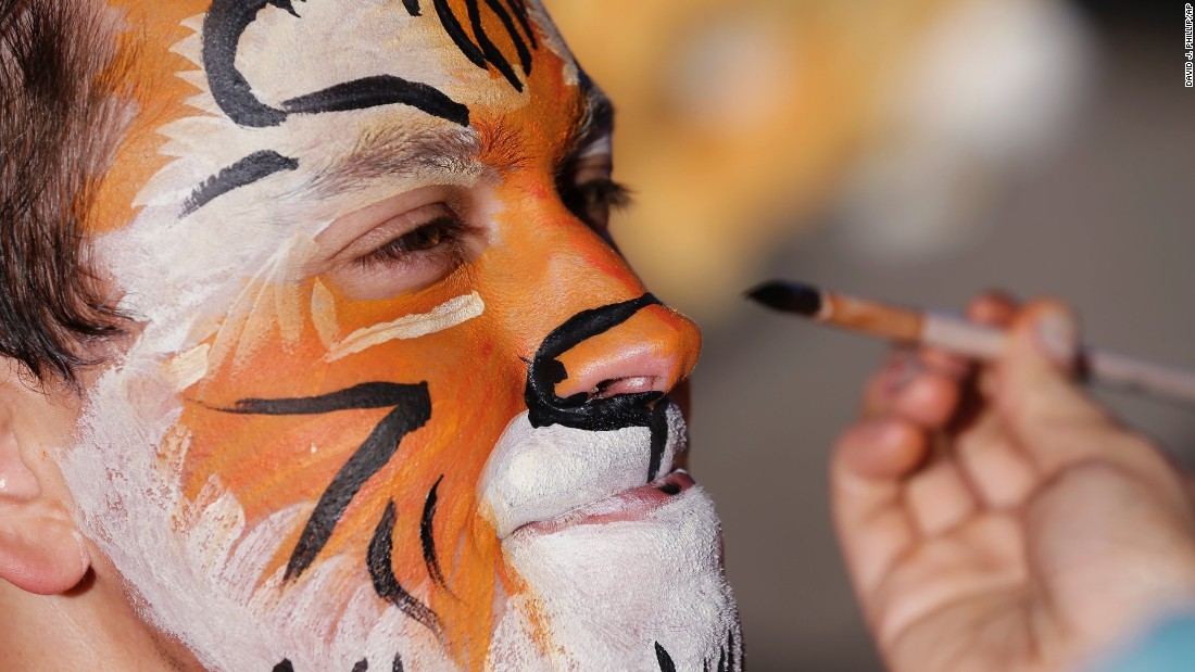 A Clemson fan gets his face painted before the game.
