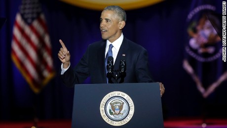 US President Barack Obama speaks during his farewell address in Chicago, Illinois on January 10, 2017.
Barack Obama closes the book on his presidency, with a farewell speech in Chicago that will try to lift supporters shaken by Donald Trump&#39;s shock election. / AFP / Joshua LOTT        (Photo credit should read JOSHUA LOTT/AFP/Getty Images)