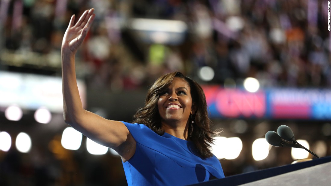 Obama waves to the crowd before giving a speech at the 2016 Democratic National Convention, during which she says one of her most famous quotes: &quot;Our motto is, when they go low, we go high.&quot;