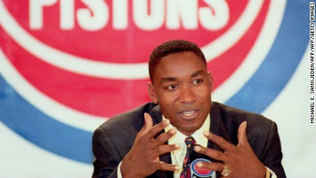 DETROIT, IL - MAY 11:  Detroit Pistons&#39; Captain Isiah Thomas announces his retirement from playing basketball and the NBA, at the Palace of Auburn Hills in Detroit, 11 May 1994, during a ress conference. Thomas played 13 years and won two NBA championship during those years, all with the Pistons.  (Photo credit should read MICHAEL E. SAMOJEDEN/AFP/Getty Images)