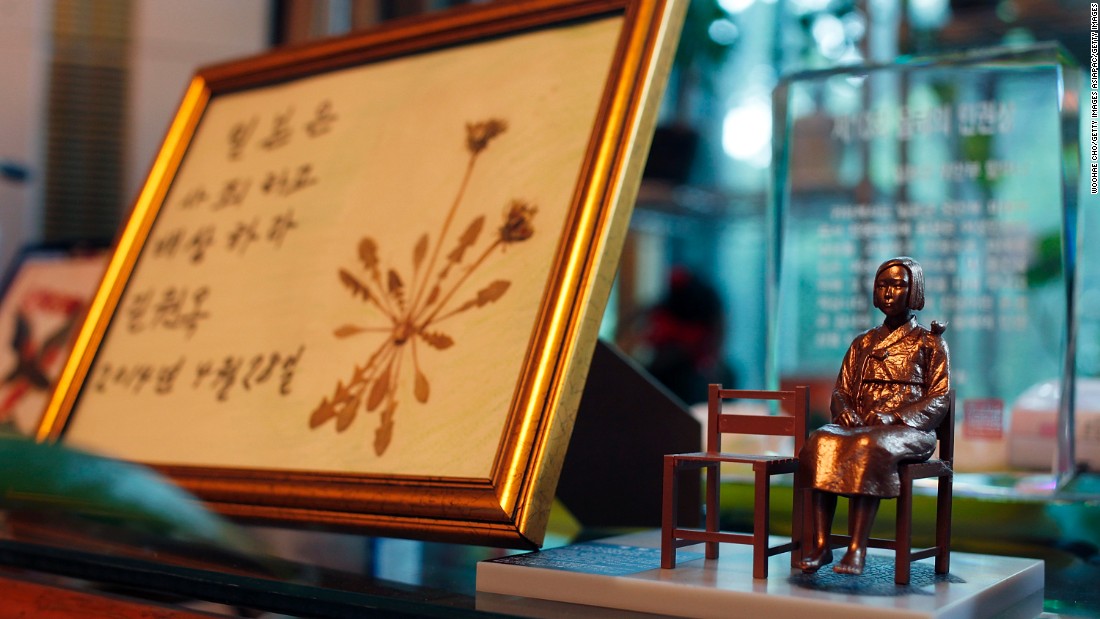 A miniature version of the statue seen in a display at a women&#39;s shelter in Seoul. 