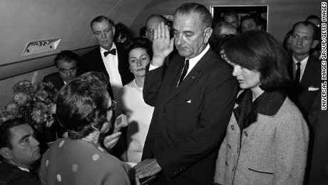 Judge Sarah Hughes swears in Lyndon Baines Johnson as president.