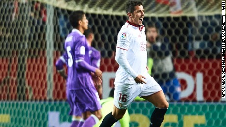 Stevan Jovetic celebrates his stunning late winner for Sevilla in the 2-1 victory over Real Madrid.