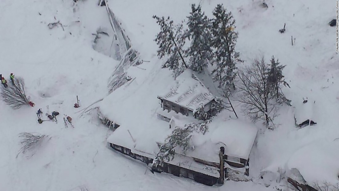 An aerial view shows the roof and top floor of the three-story Hotel Rigopiano buried in snow after the avalanche struck at the foot of Gran Sasso mountain in central Italy on Thursday, January 19.