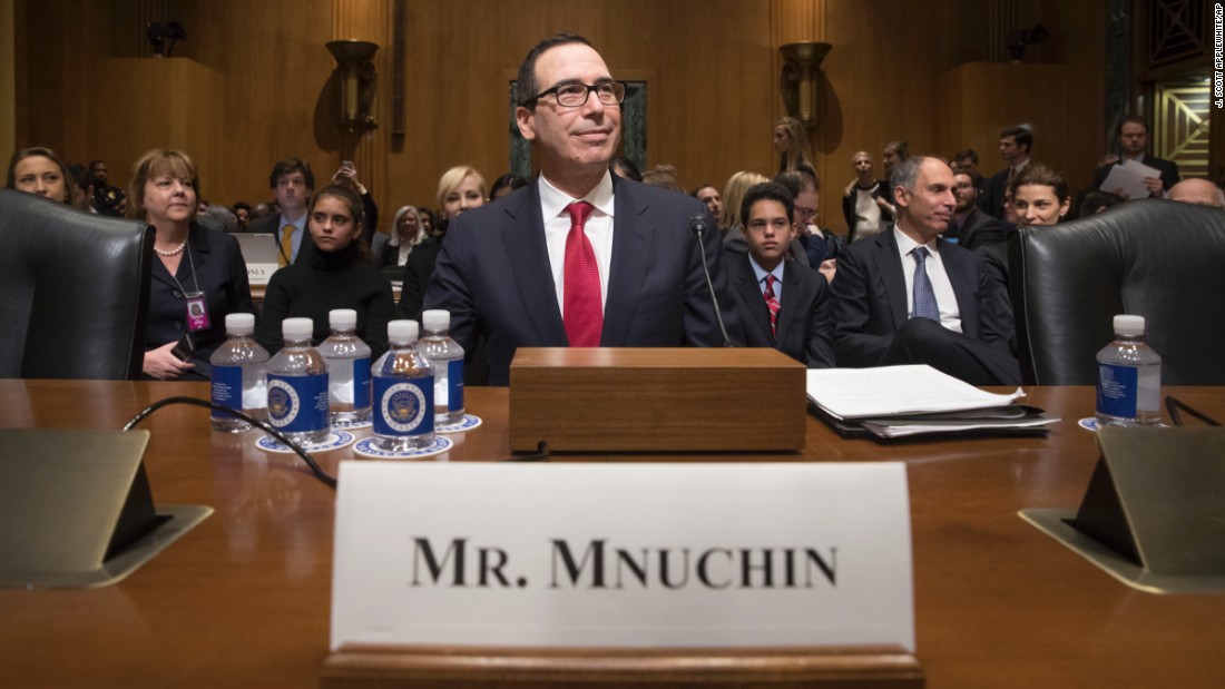 Mnuchin arrives for his confirmation hearing in January. Mnuchin, a former Goldman Sachs banker, &lt;a href=&quot;http://money.cnn.com/2017/01/19/news/economy/mnuchin-treasury-confirmation-hearing/index.html&quot; target=&quot;_blank&quot;&gt;faced policy questions&lt;/a&gt; about taxes, the debt ceiling and banking regulation.