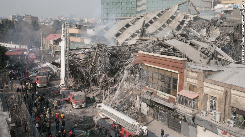 The rubble of the Plasco building in Tehran, Iran, is seen after it collapsed following a fire on Thursday, January 19. As many as 30 firefighters are feared dead, according to Iran&#39;s semi-official Fars news agency. Official news agency IRNA cited the head of Tehran Emergency Services as saying 70 people were injured in the fire.