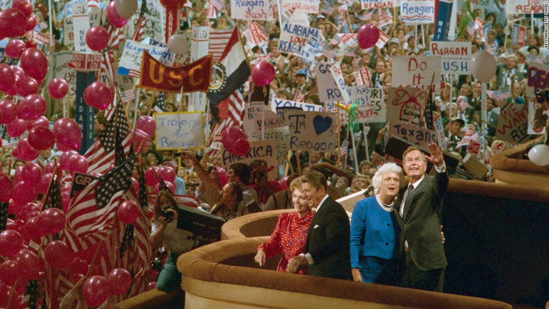 Republican convention delegates celebrate the nomination of President Ronald Reagan and Vice President Bush in 1984.