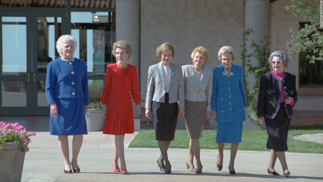 Six former first ladies take a stroll through the courtyard of the Ronald Reagan Presidential Library. Pictured from left are Bush, Nancy Reagan, Rosalynn Carter, Betty Ford, Pat Nixon and Lady Bird Johnson.