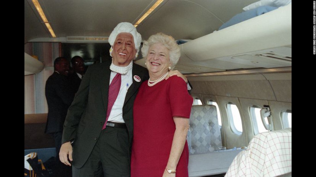 Barbara Bush campaigns with her son, Marvin, who is wearing a Barbara Bush mask on October 27, 1992.