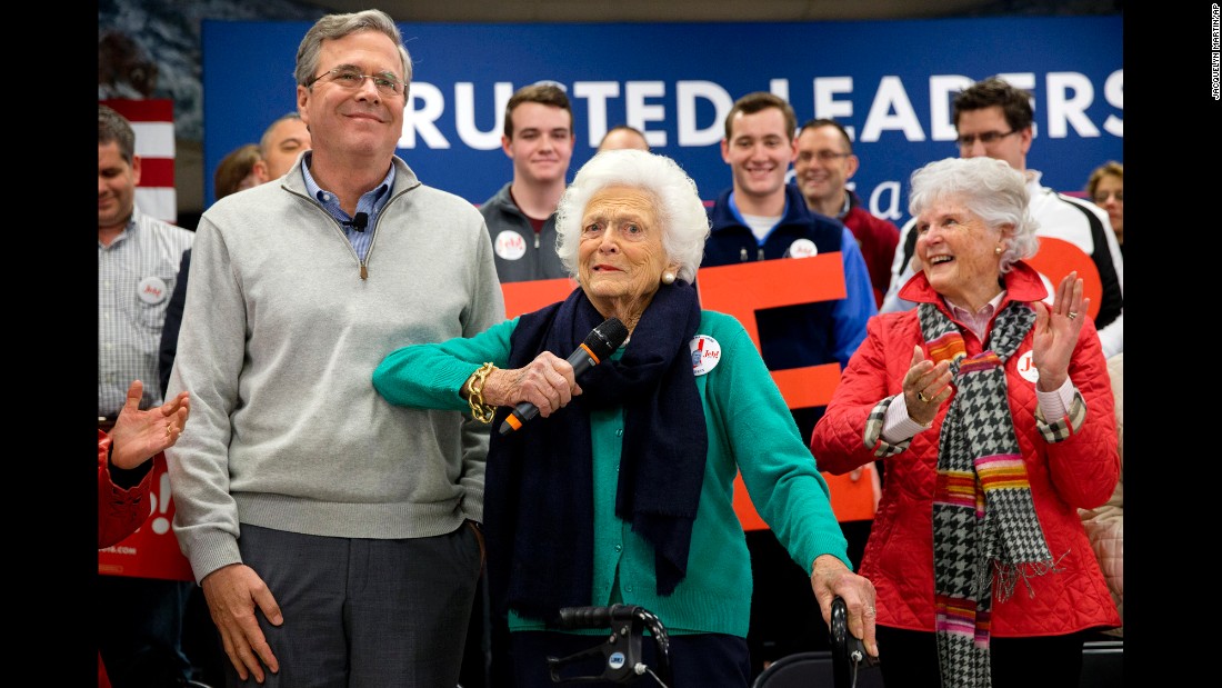 Bush jokes with her son Jeb while introducing him at a town hall in Derry, New Hampshire, on February 4, 2016. He was a Republican presidential candidate during the 2016 election.