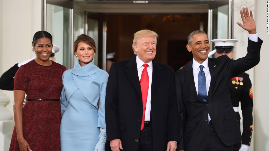 The Obamas welcome a newly elected Donald Trump and wife Melania to the White House in January 2017.  
