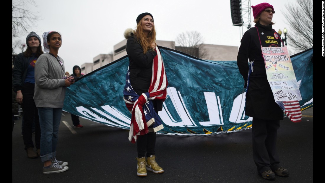 Demonstrators protest on the National Mall in Washington, DC, for the Women&#39;s March on January 21, 2017.