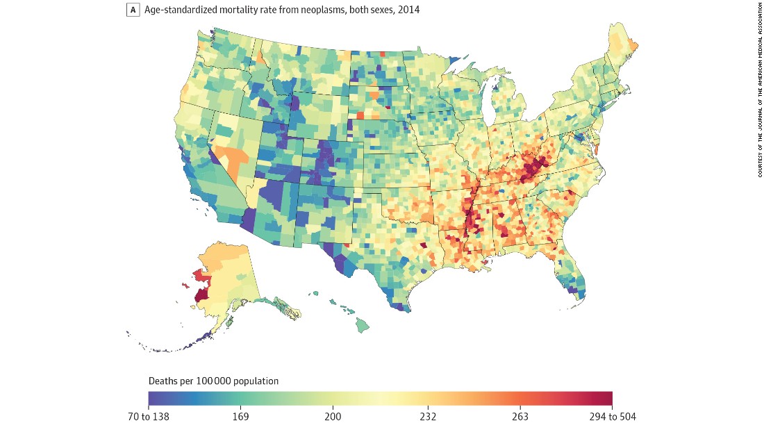 &lt;a href=&quot;http://www.cnn.com/2017/01/24/health/cancer-cluster-disparities-county-study/&quot;&gt;A study shows&lt;/a&gt; cancer deaths in counties across the nation, revealing clusters that have lagged behind national cancer efforts. Deaths from all cancers in 2014 were highest along the Mississippi River, near the Kentucky-West Virginia border, western Alaska and the South in general. Deaths were lowest in places like Utah and Colorado.