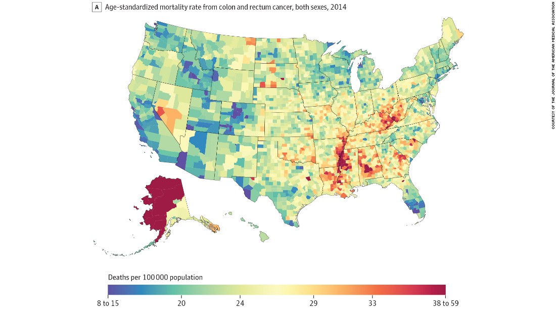 Deaths from colorectal cancers in 2014 were highest along parts of the Mississippi River, along the Kentucky-West Virginia border, and in Alaska, southern Alabama and Louisiana. 