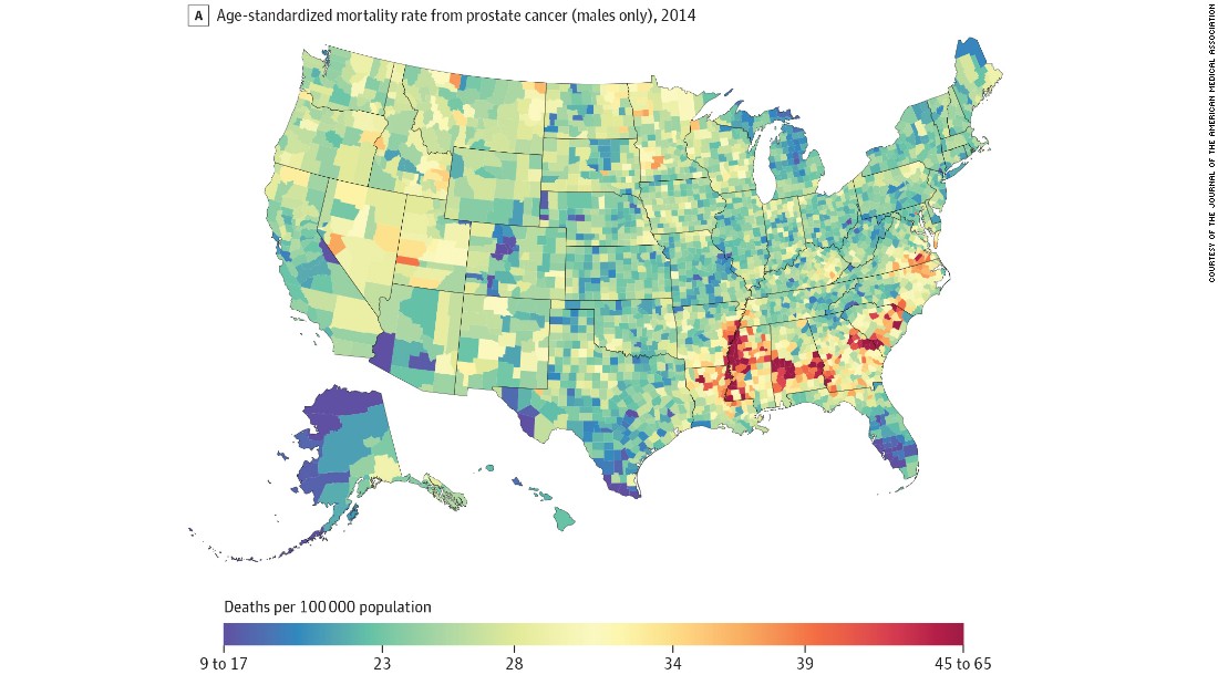 Similar to breast cancer, deaths from prostate cancer in 2014 were highest along the Mississippi River and the Southern belt. Deaths were lowest in South Florida and along the US-Mexico border.