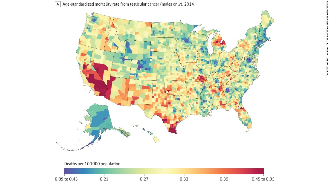 Deaths from testicular cancers in 2014 were highest in California and Nevada, with smaller clusters in Missouri, Michigan and Texas. Deaths were lowest in parts of Colorado, in the District of Columbia and around the Atlanta and Minneapolis areas.