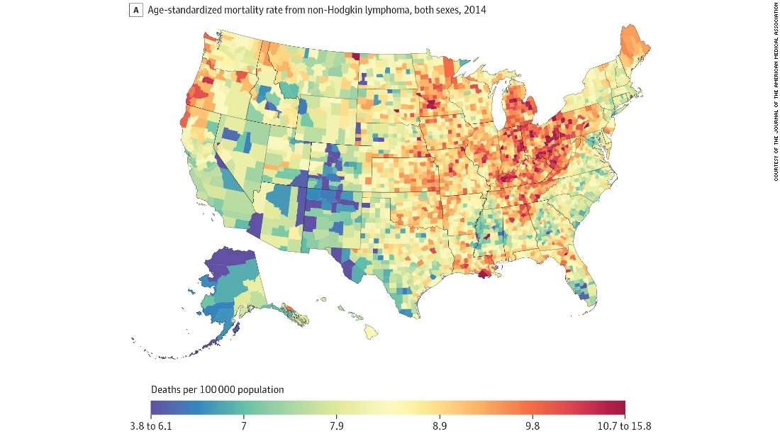 Deaths from non-Hodgkin&#39;s lymphoma in 2014 were highest in parts of the Midwest, the Appalachian region and Louisiana. Deaths were lowest near the &quot;Four Corners&quot; and in Alaska and western Texas.