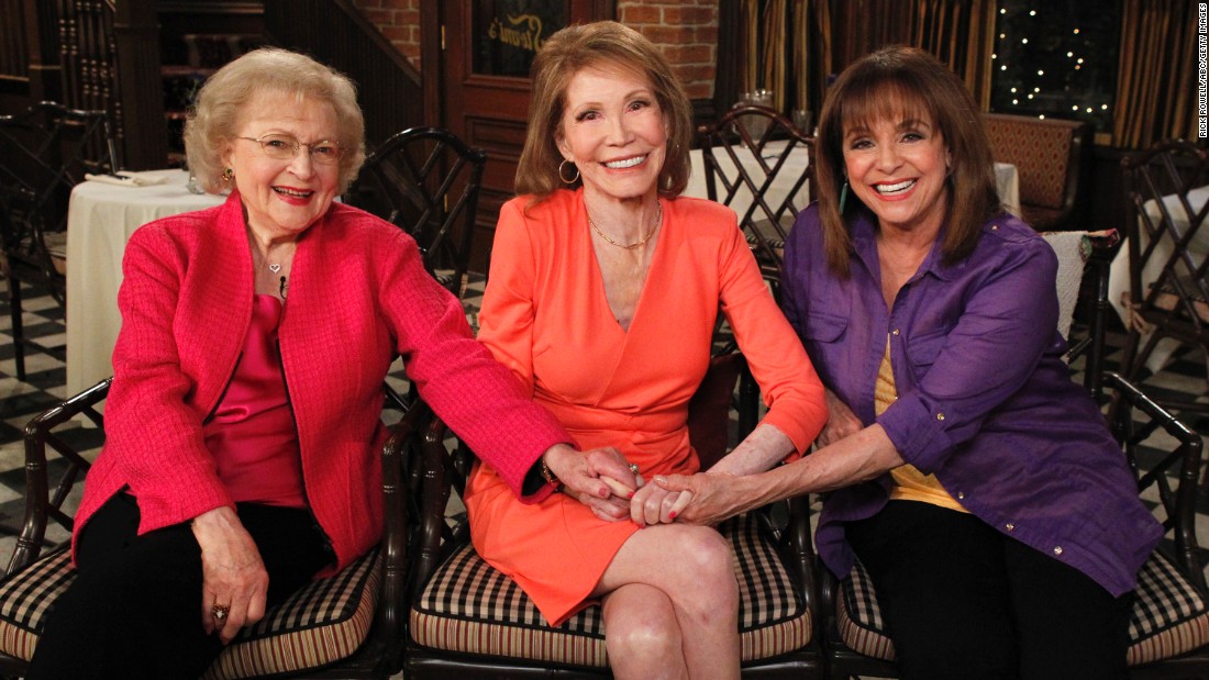 From left, Betty White, Moore and Valerie Harper sit together at a 2013 reunion of cast members from &quot;The Mary Tyler Moore Show.&quot;