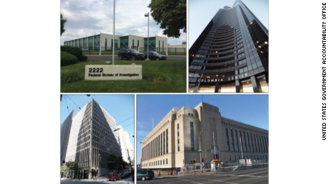 Clockwise from upper left corner: An an FBI field office in St. Louis; Social Security Administration and GAO space at the Columbia Center in Seattle; Treasury Department- IRS, Treasury Department- Inspector General for Tax Administration, DHS - National Protection and Programs Directorate space in Philadelphia; an FBI field office in Seattle -- all in foreign-owned buildings. 