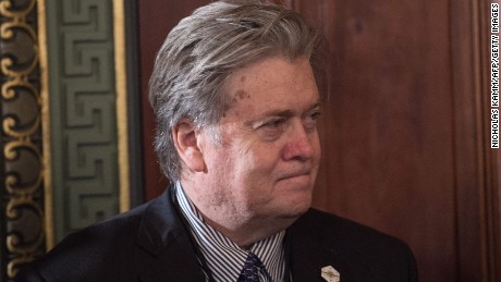 White House chief strategist Steve Bannon attends the swearing in of Nikki Haley as US ambassador to the United Nations in the Vice President&#39;s Ceremonial Office at the Eisonhower Executive Office Building on January 25, 2017 in Washington, DC. 