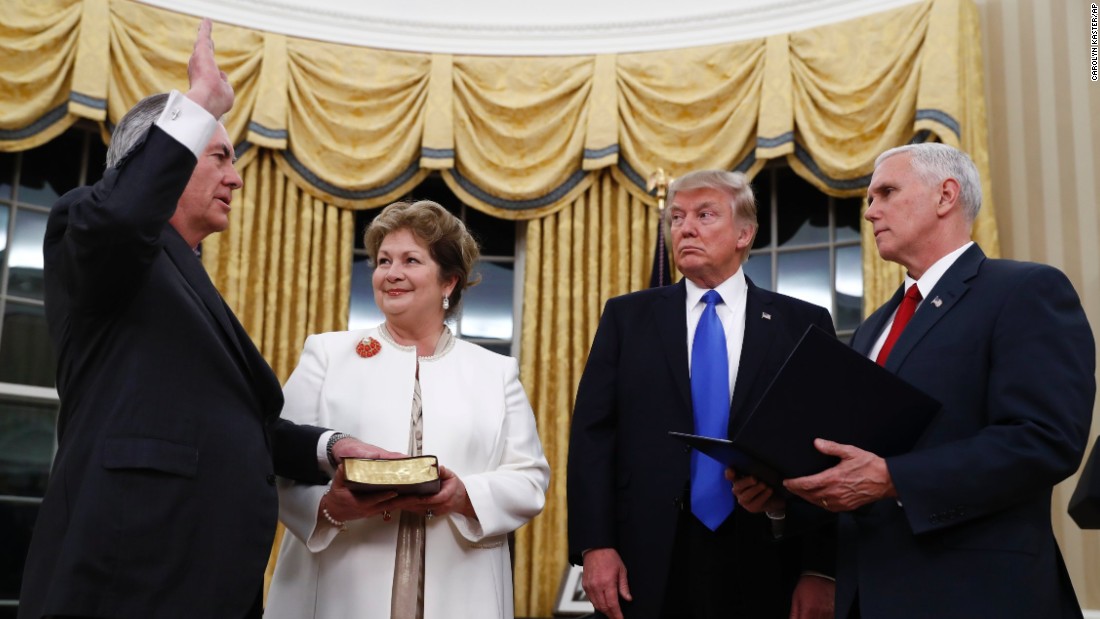 Trump watches as Pence swears in Rex Tillerson as secretary of state on Wednesday, February 1. Tillerson&#39;s wife, Renda St. Clair, holds the Bible. Tillerson, a former CEO of ExxonMobil, was &lt;a href=&quot;http://www.cnn.com/2017/02/01/politics/tillerson-confirmation-vote-senate/&quot; target=&quot;_blank&quot;&gt;confirmed in the Senate &lt;/a&gt;by a vote of 56 to 43.
