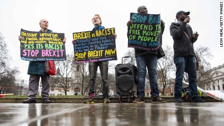 Protesters demonstrate against Brexit in Parliament Square in February 2017 in London.