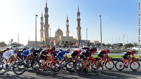Competitors cycle past Mosque Sheikh Zayed during Tour Dubai 2017 