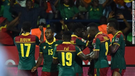 Cameroon&#39;s players celebrate after Michael Ngadeu-Ngadjui scored his side&#39;s opening goal.