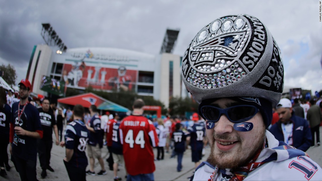 A Patriots fan wears a hat that looks like a giant Super Bowl ring. &lt;a href=&quot;http://www.cnn.com/2015/01/23/us/gallery/super-bowl-rings/index.html&quot; target=&quot;_blank&quot;&gt;See all of the Super Bowl rings&lt;/a&gt;